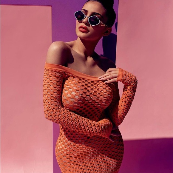 orange fishnet dress